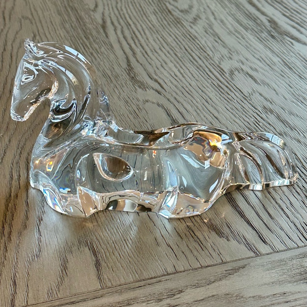 Daum Crystal Large Laying Down Horse Signed Clear Sculpture Figurine, 12" RARE